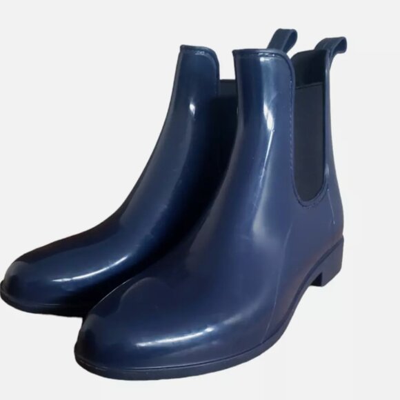 J. Crew Women's Chelsea Rain Boots Blue Rubber Pull On Ankle Top - Picture 3 of 11